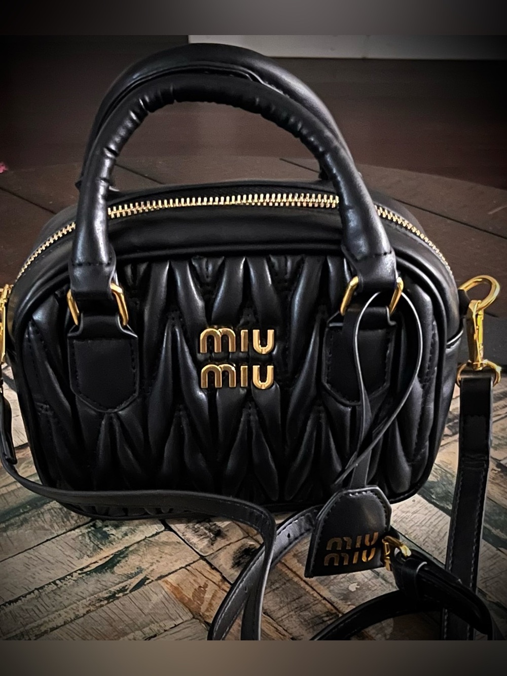 Miu Miu Black Matelassé Mini Satchel with Gold tone Hardware